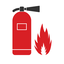 Logo d'équipement de première intervention avec extincteur et flammes.